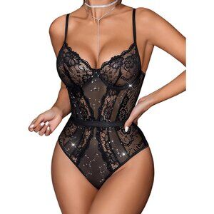 ✨ Women Black Lingerie Bodysuit Lace Teddy Crotch One Piece Underwire Baby Doll